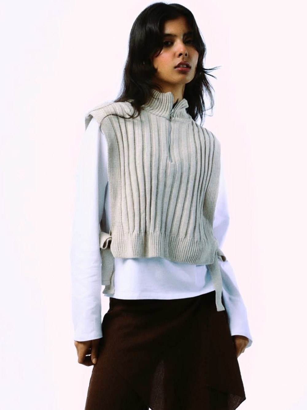 Zara Cream Ribbed Knitted Sweater Vest Set With White Zara Shirt, Size L